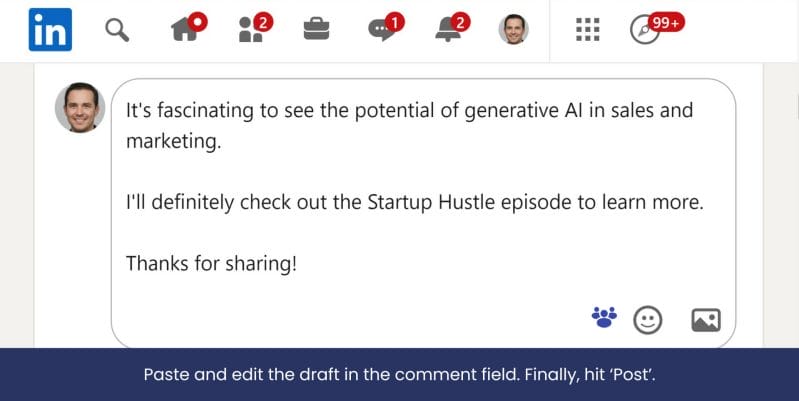 hootsuite paste and edit draft in comment field of linkedin post