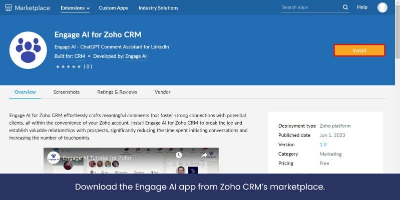download engage ai from zoho marketplace