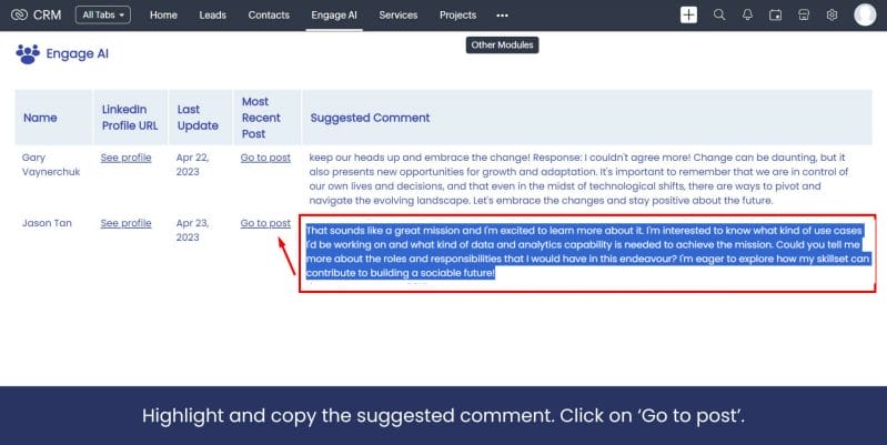 zoho highlight and copy suggested comment
